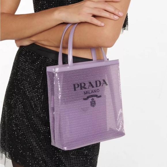 PRADA Logo Sequined Small Lily Tote Mesh Semi Transparent w Pouch Purple NWT NEW - Picture 1 of 7